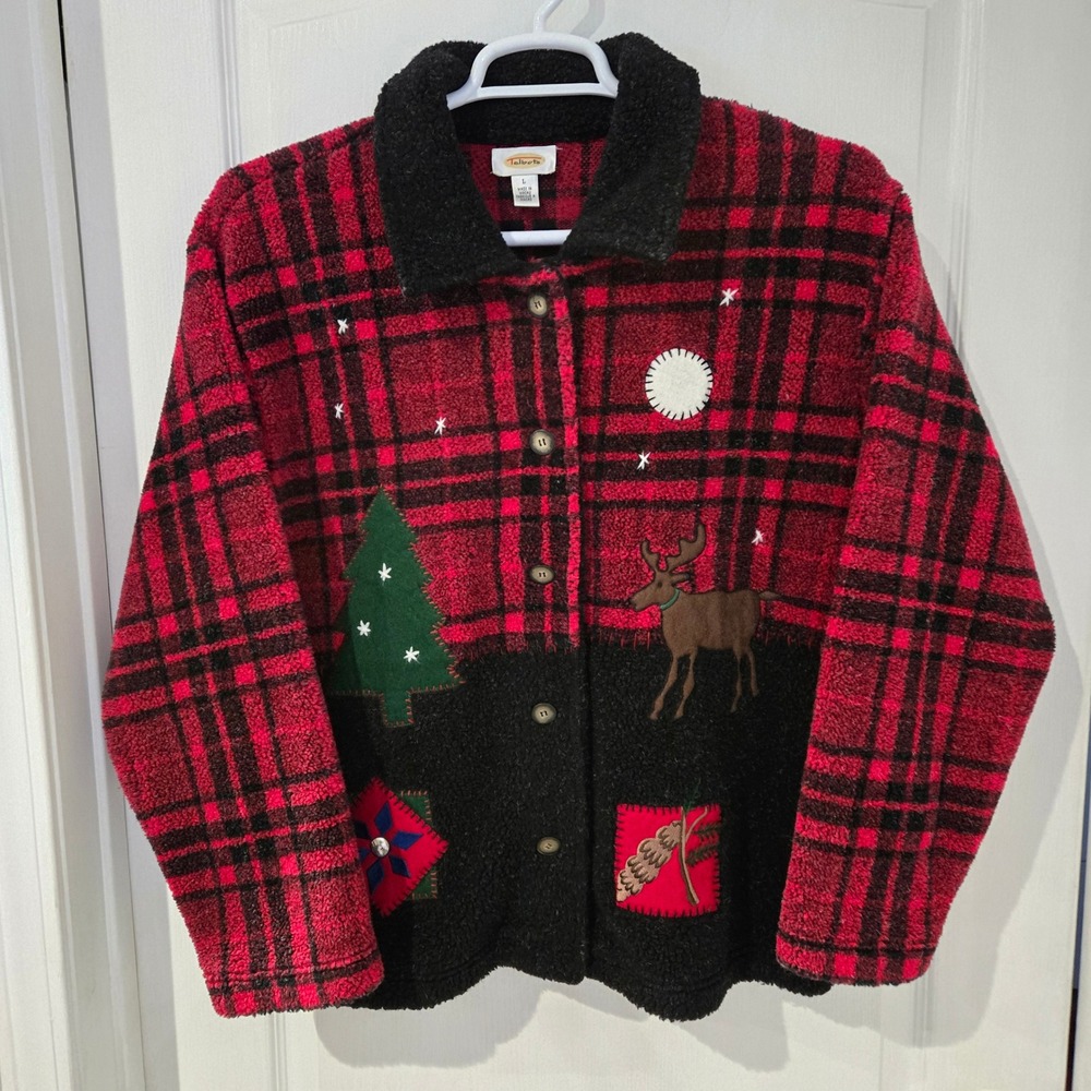 Talbots Christmas Fleece Jacket Womens Large Red Black Plaid Reindeer